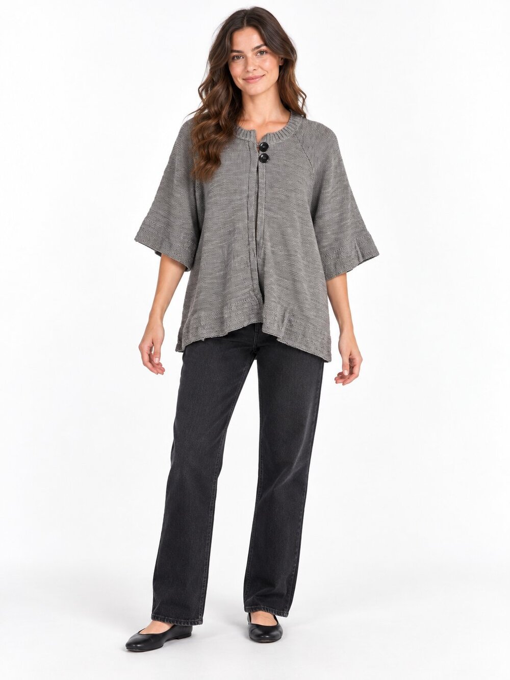 Denim & Co Gray Knit Poncho Top 2 Button (121_I1)